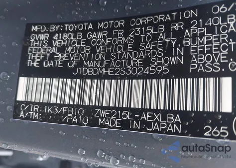 2025 Toyota Corolla Hybrid Le from USA, damaged, VIN JTDBDMHE2S3024595